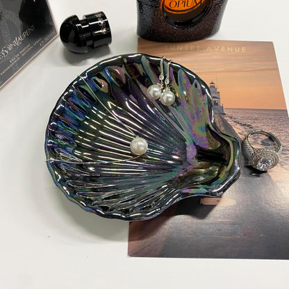 Shell Jewelry Dish Tray, Ceramic Trinket Tray Clamshell Jewelry Storage Dish, Ring Holder Dish Key Bowl, Decorative Jewelry Plate, Cute Jewelry Organizer for Room Decor (Multicolor Black)