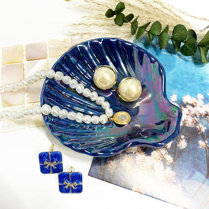 Shell Jewelry Holder Dish Aesthetic, Ceramic Seashell Trinket Dish for Women, Cute Room Decor Jewelry Plates for Earrings Ring Necklace, 3.9", Indigo Iridescent Surface