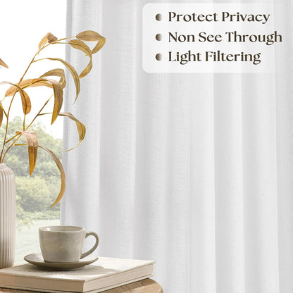 Snow White Linen Curtains Pinch Pleated 84 Inches Long for Living Room Bedroom Pleat with Hooks Rings Back Tab Semi Sheer Curtains 84 Inch Length Light Filtering Luxury Farmhouse Drape 1 Panel