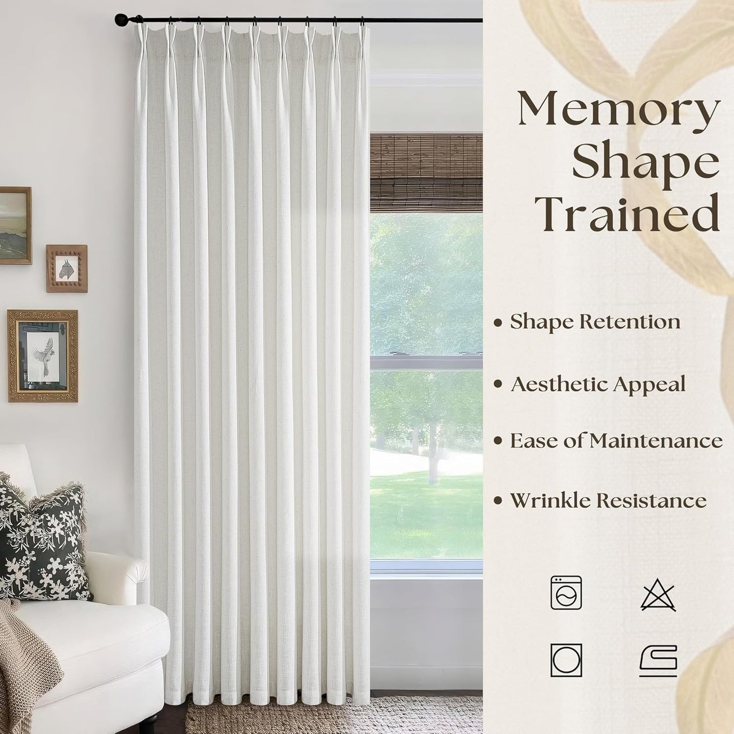Pinch Pleated Extra Wide Linen Curtains 84 Inches Long for Patio Sliding Glass Door 60 Inch Wide Pleated Drapes with Hooks Rings Neutral Semi Sheer 60x84 Curtain for Living Room 1 Panel Ivory Birch
