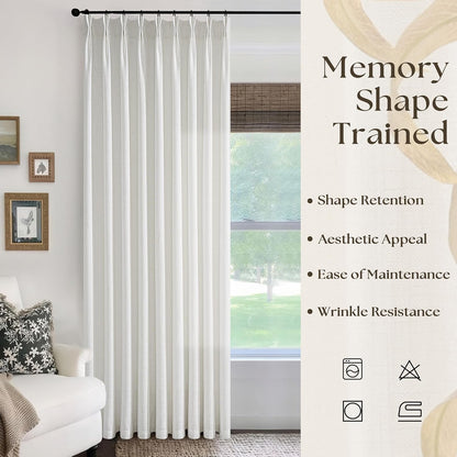 Pinch Pleated Extra Wide Linen Curtains 84 Inches Long for Patio Sliding Glass Door 60 Inch Wide Pleated Drapes with Hooks Rings Neutral Semi Sheer 60x84 Curtain for Living Room 1 Panel Ivory Birch