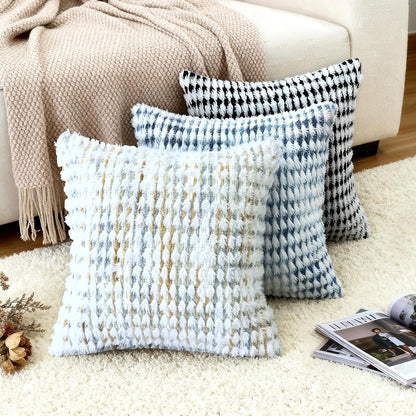 Boho Chenille Tufted Pillow Cover 18x18 Inch Set of 1, Farmhouse Striped Decorative Pillow Covers Accent Fluffy Neutral Square Pillowcases for Couch Sofa Bedroom Living Room, Gray Khaki
