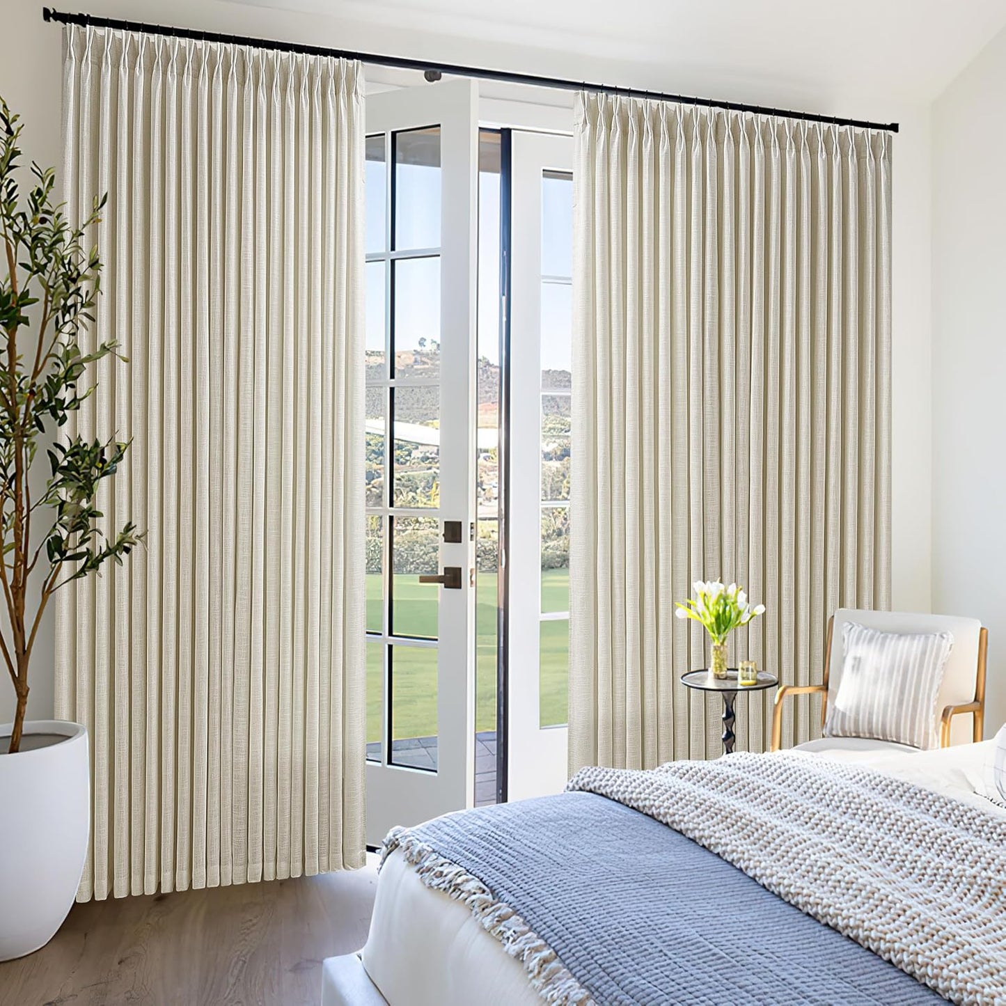 Extra Wide 70 Inch Width Pinch Pleated Curtains 90 Inch Length for Living Room Thick Linen Boho Curtain Memory Shape Light Filtering Privacy for Bedroom Large Windows Hooks Rings Beige 1 Panel 70x90