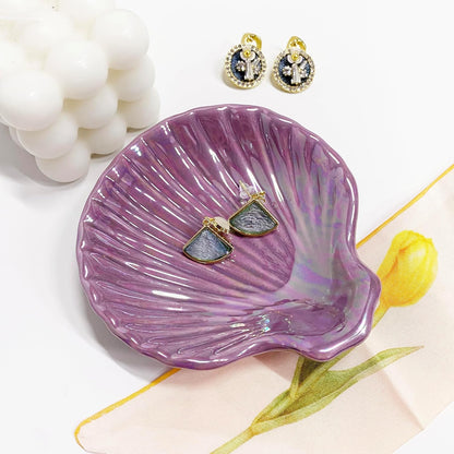 Shell Jewelry Ring Holder Dish, Cute Room Decor Seashell Jewelry Dish Tray, Small Ceramic Jewelry Plate Bowl, Engagement Ring Dish Trinket Dish, Wedding Jewelry Tray, 3.9", Purple Iridescent Surface