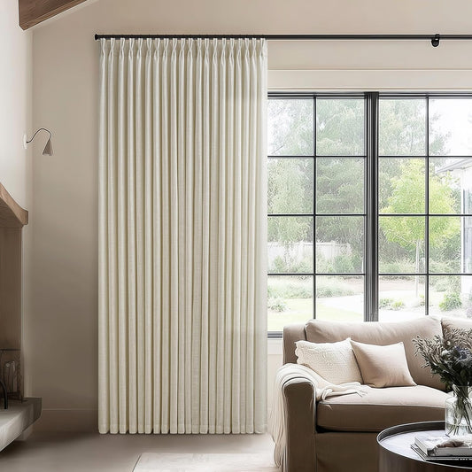Extra Wide 70 Inch Width Pinch Pleated Curtains 96 Inch Length for Living Room Thick Beige Linen Boho Curtain Memory Shape Light Filtering Privacy for Bedroom Large Windows Hooks Rings 1 Panel 70x96