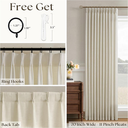 Extra Wide 70 Inch Width Pinch Pleated Curtains 90 Inch Length for Living Room Thick Linen Boho Curtain Memory Shape Light Filtering Privacy for Bedroom Large Windows Hooks Rings Beige 1 Panel 70x90