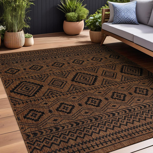 Beverly Rug Waikiki Boho Indoor Outdoor Rug 10x14, Washable Outside Carpet for Patio, Deck, Porch, Bohemian Area Rug, Farmhouse Rugs, Aztec Tribal Rug, Nut Brown and Black
