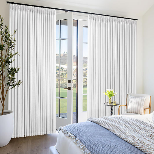 White Linen Semi Sheer Pleated Curtains 120 Inches Long 70 Inch Wide Patio Sliding Door Curtains Light Filtering Semi Sheer Pinch Pleat Drapes Extra Wide 70x120 Drapes for Living Dining Room 1 Panel