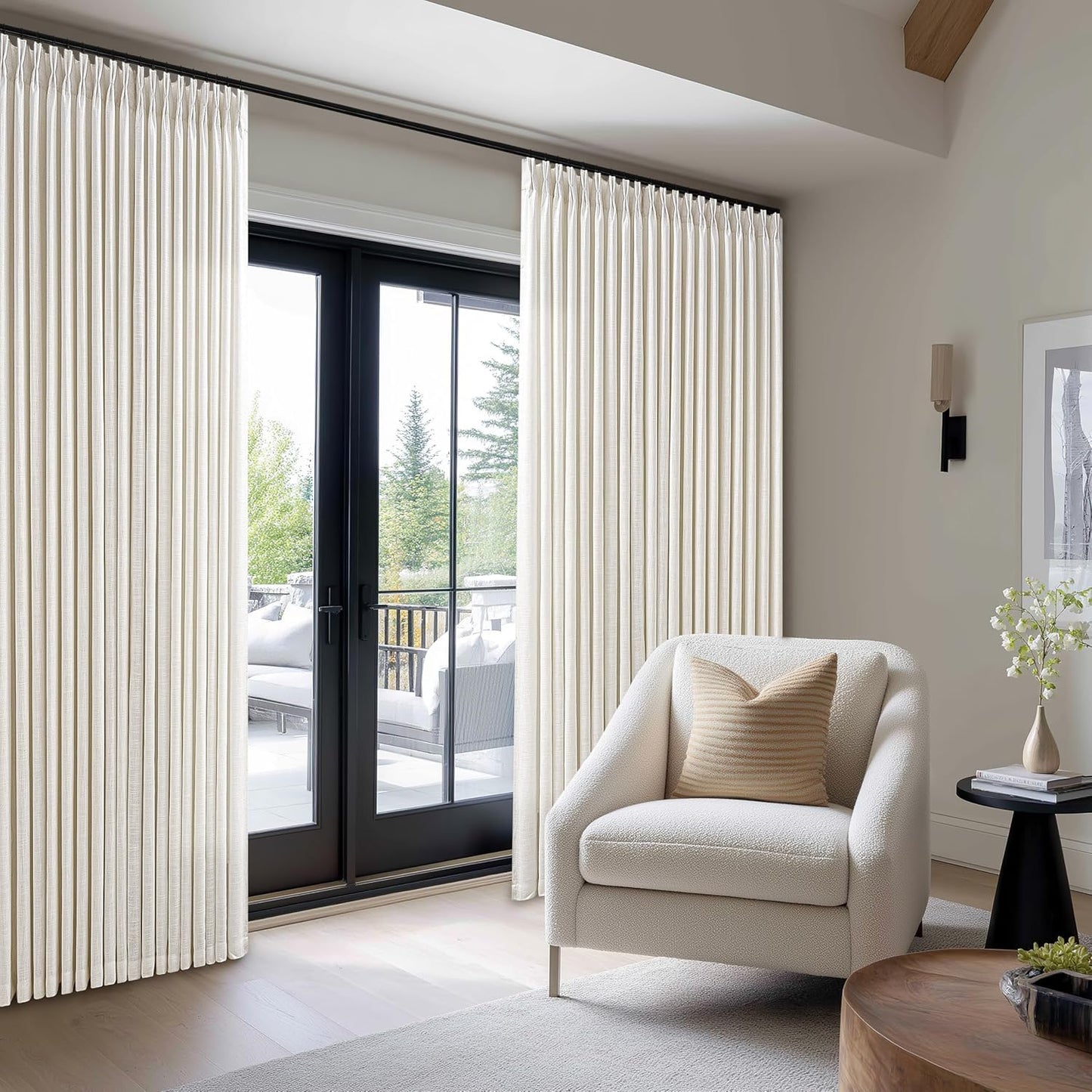 Cream Ivory Pinch Pleated Extra Wide Linen Curtains 84 Inches Long for Patio Sliding Glass Door 70 Inch Wide Pleated Drapes with Hooks Rings Back Tab Semi Sheer 70x84 Curtain for Living Room 1 Panel