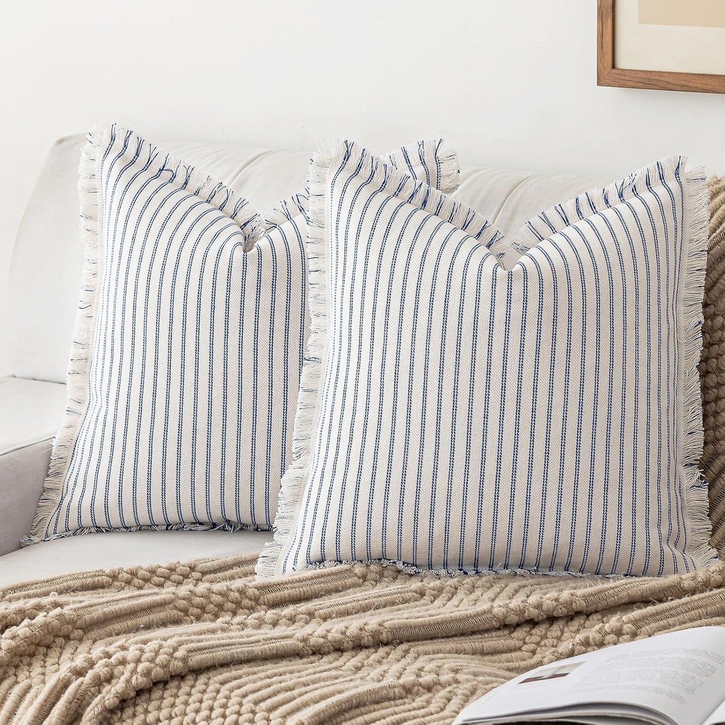 Throw Pillow Covers 22x22 Set of 2 Striped Fringe Pillow Cover Farmhouse Cushion Covers with Tassel Neutral Boho Pillows Decorative Square Pillowcase for Couch Sofa Bed, Blue