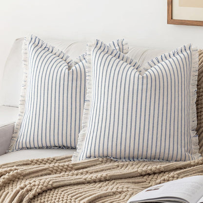 Throw Pillow Covers 16x16 Set of 2 Striped Fringe Pillow Cover Farmhouse Cushion Covers with Tassel Neutral Boho Pillows Decorative Square Pillowcase for Couch Sofa Bed, Blue