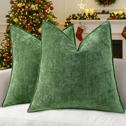 decorUhome Christmas Couch Throw Pillow Covers 16x16 Set of 2, Decorative Soft Euro Neutral Chenille Pillow Covers with Elegant Design for Sofa Bed Living Room Home Decor, Moss Green