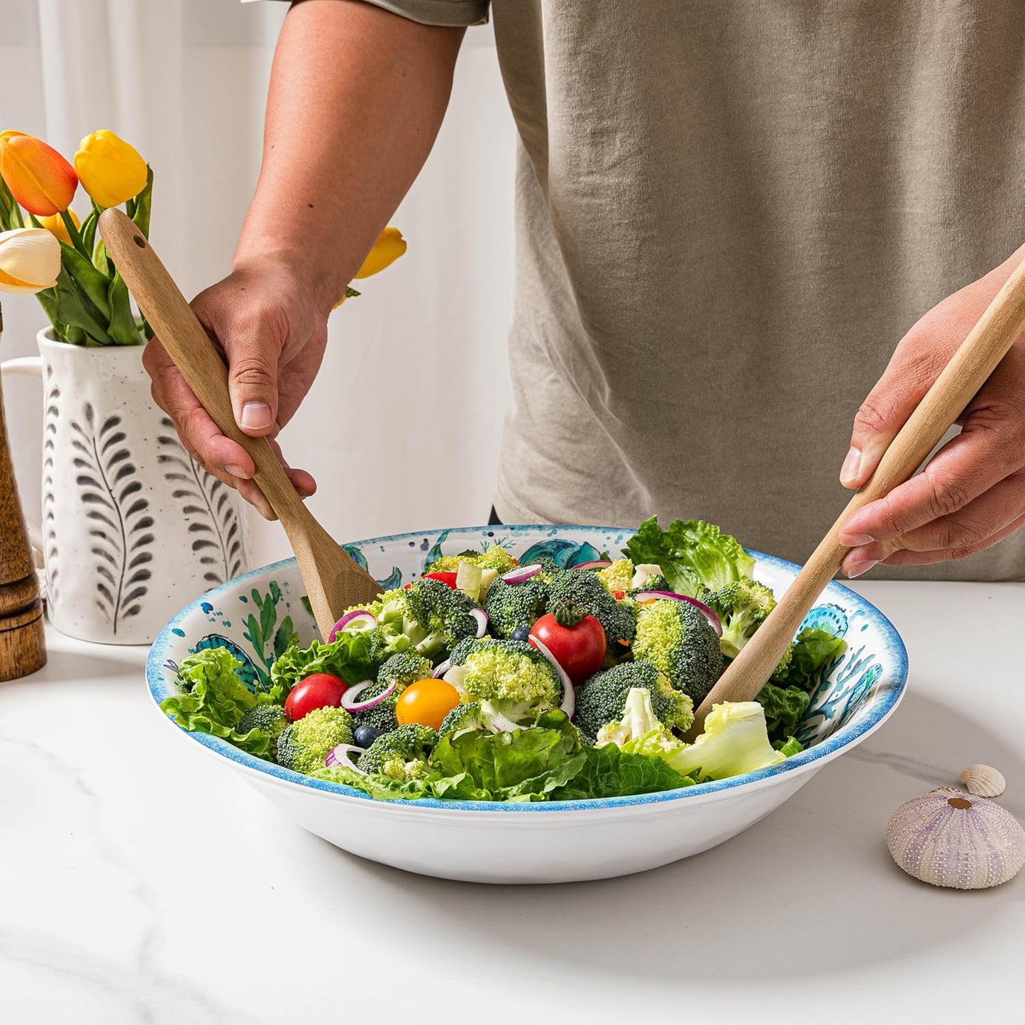 LEHAHA Extra larger Melamine serving bowl set, Coastal 13.75 Inch 130 Oz Large Fruit Bowl, Pasta Bowl, Set of 2, Serving Dishes for Entertaining, Vibrant Color Large Bowl for Party…