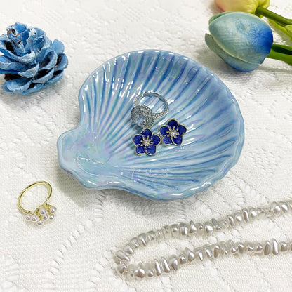 Shell Jewelry Dish Tray for Women, Ceramic Jewelry Tray, Seashell Shape Jewelry Ring Holder Dish, Jewelry Plate Trinket Dish for Necklace, Earring, Ring, Bracelet, 3.9", Sky Blue Iridescent Surface