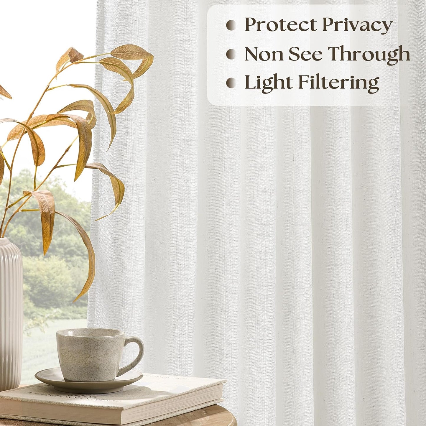 102 Inch Long Curtains Pinch Pleat Linen Curtains for Living Room Bedroom Cream White Light Filtering Privacy Neutral 102 Inch Pleated Drapes Hooks Rings Back Tab for Window Sliding Door 1 Panel