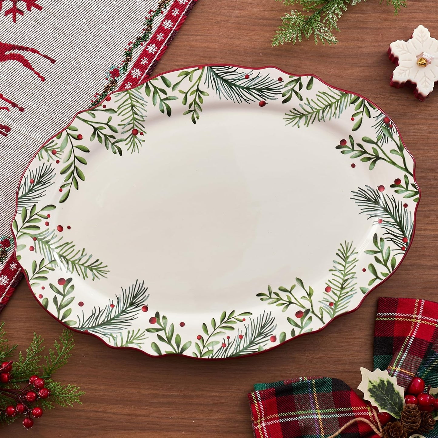 Bico Santa On The Way 16 plus 14 inch Scalloped Oval Platters Set, Set of 2, Microwave and Dishwasher Safe, for Serving Fish, Chicken, Turkey