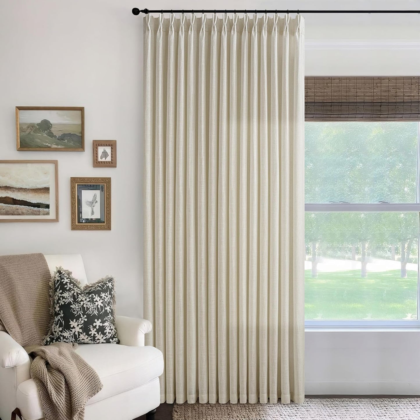 Extra Wide Pinch Pleated Linen Curtains 84 Inches Long for Patio Sliding Glass Door 100 Inch Wide Beige Flax Oatmeal Pleated Drapes with Hooks Rings Semi Sheer 100x84 Curtain for Living Room 1 Panel