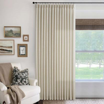Extra Wide Pinch Pleated Linen Curtains 84 Inches Long for Patio Sliding Glass Door 100 Inch Wide Beige Flax Oatmeal Pleated Drapes with Hooks Rings Semi Sheer 100x84 Curtain for Living Room 1 Panel