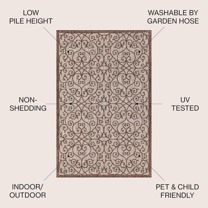 JONATHAN Y Vintage Filigree Indoor Outdoor Round Area Rug 8 Ft Taupe/Espresso, Madrid Textured Weave for Backyard, Patio, Porch, Easy-Cleaning, High Traffic, Pet-Friendly, Non-Shedding (SMB107C-8R)