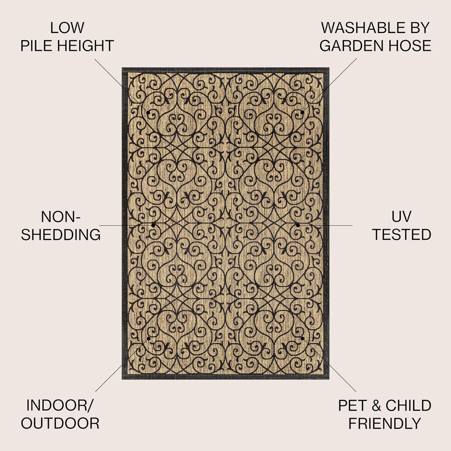 JONATHAN Y Vintage Filigree Indoor Outdoor Round Area Rug 4 Ft Black/Khaki, Madrid Textured Weave for Backyard, Patio, Porch, Easy-Cleaning, High Traffic, Pet-Friendly, Non-Shedding (SMB107A-4R)