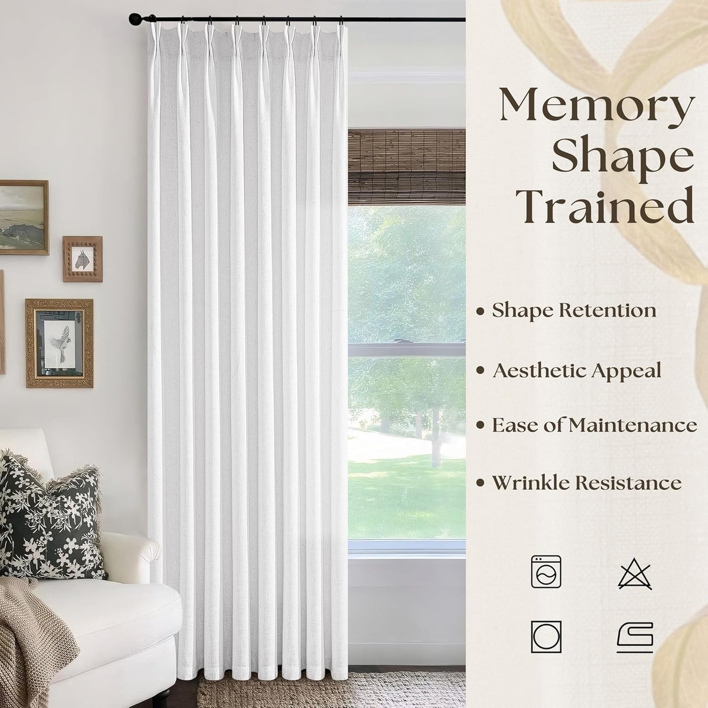 Snow White Linen Curtains Pinch Pleated 84 Inches Long for Living Room Bedroom Pleat with Hooks Rings Back Tab Semi Sheer Curtains 84 Inch Length Light Filtering Luxury Farmhouse Drape 1 Panel