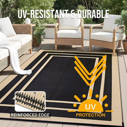 OLANLY Outdoor Rug 6x9 ft Waterproof, Reversible Outdoor Plastic Straw Rug, RV Mat, Indoor Outdoor Carpet Clearance for Patio, Camping, Balcony, Deck, Backyard, Black & Beige
