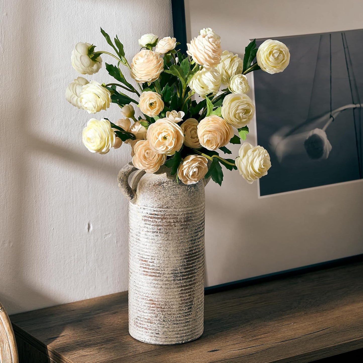 Ceramic Rustic Vase for Home Decor, Terracotta Vase with Handles, Handcrafted Vintage Decorative Flower Vase for Farmhouse, Living Room, Table, Fireplace, Nightstand