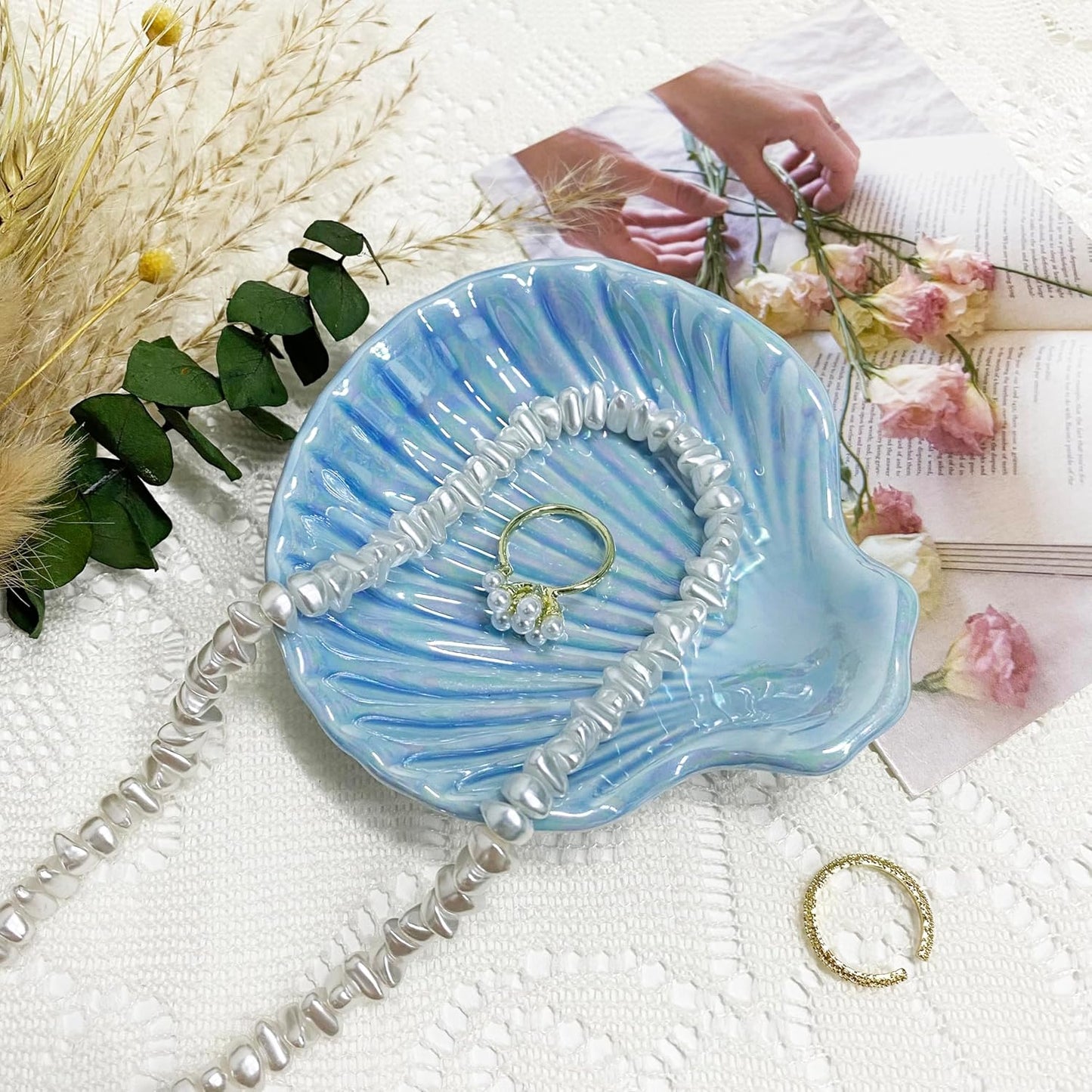 Shell Jewelry Dish Tray for Women, Ceramic Jewelry Tray, Seashell Shape Jewelry Ring Holder Dish, Jewelry Plate Trinket Dish for Necklace, Earring, Ring, Bracelet, 3.9", Sky Blue Iridescent Surface