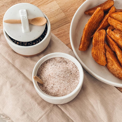 Mora Ceramic Salt and Pepper Cellar Set with Lid - 10 oz Modern Canister/Container/Bowl for Storage, Sea Salt, Spice, Sugar, Countertop - Small Dish/Jar with Wood Spoon, White Crock