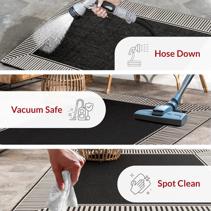 nuLOOM 5' x 8' Outdoor Area Rug, Casual Design With Striped Border, Stain Resistant, Highly Durable, For Patio, Balcony, Bedroom, Living Room, Dining Room, Bathroom, Black