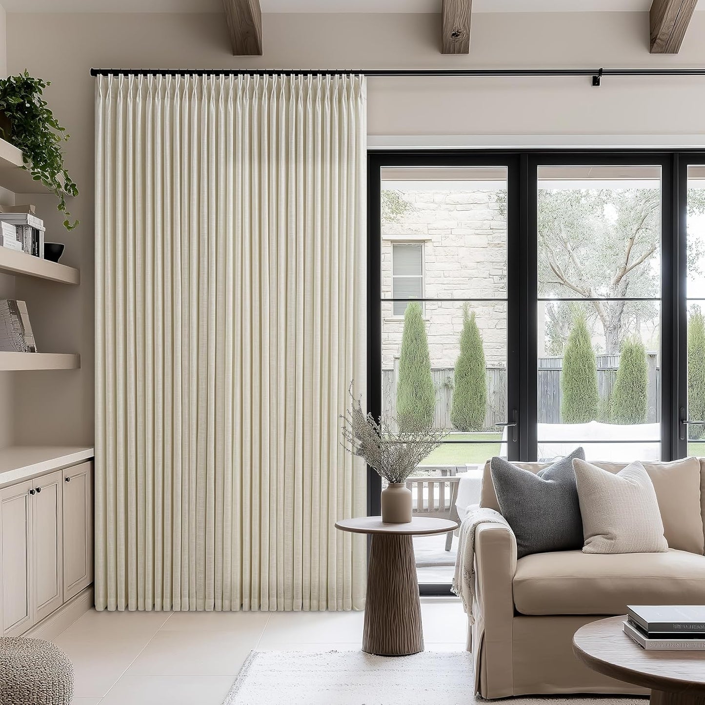 102 Inch Curtains Pinch Pleat Linen Curtains for Living Room Bedroom Tan Beige Burlap Flax Light Filtering Privacy 102 Inch Long 50 Inch Width Pleated Drapes Hooks Rings for Sliding Door 1 Panel