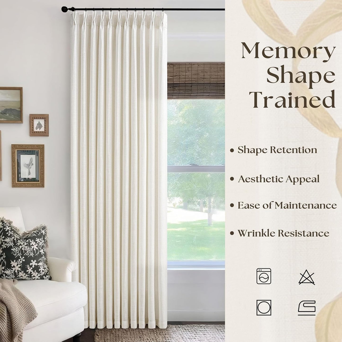 Cream Ivory Extra Wide Pinch Pleat Linen Curtains 120 Inches Long for Living Room Sliding Glass Door 70 Inch Wide Curtain Memory Trained Pleated Drape with Hooks Rings 70 x 120 Large Window Curtain