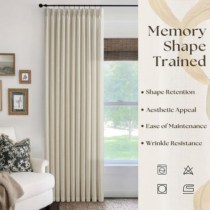 Extra Wide 70 Inch Width Pinch Pleated Curtains 90 Inch Length for Living Room Thick Linen Boho Curtain Memory Shape Light Filtering Privacy for Bedroom Large Windows Hooks Rings Beige 1 Panel 70x90