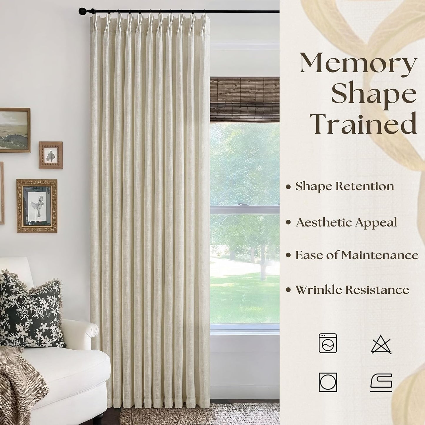 Extra Wide 70 Inch Width Pinch Pleated Curtains 96 Inch Length for Living Room Thick Beige Linen Boho Curtain Memory Shape Light Filtering Privacy for Bedroom Large Windows Hooks Rings 1 Panel 70x96