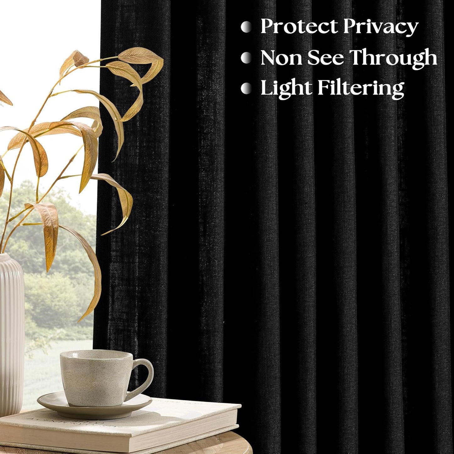 Black Pinch Pleated Linen Curtains 102 Inches Long for Living Room Bedroom Light Filtering Boho Window Drape 102 Inch with Hooks Rings Sliding Glass Door Semi Sheer Curtain 1 Panel 50 Inch Width