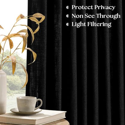 Extra Wide Curtains 90 Inches Long 60 Inch Width for Living Room Bedroom Light Filtering Semi Sheer Farmhouse Pleated Curtain Hooks Rings for Patio Sliding Door Large Window Black 1 Panel W70xL90