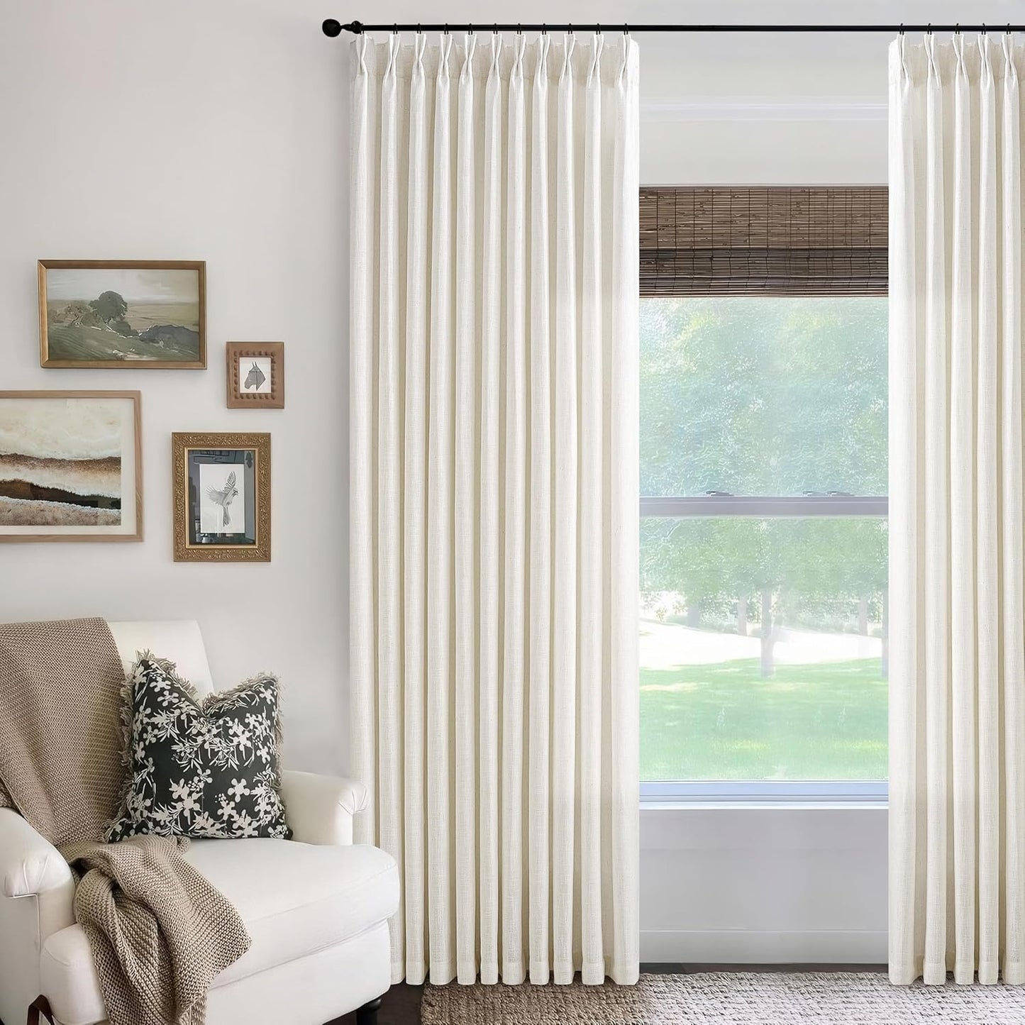 Cream Ivory Extra Wide Pinch Pleat Linen Curtains 120 Inches Long for Living Room Sliding Glass Door 70 Inch Wide Curtain Memory Trained Pleated Drape with Hooks Rings 70 x 120 Large Window Curtain