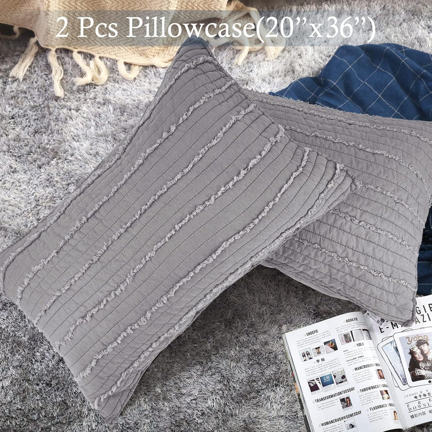 BOSOWOS King Size Pillow Shams Set of 2, Ultra Soft Breathable 20 x 36 Inches Pillow Case Envelope Closure, Microfiber Farmhouse Bed Pillowcases for Easy Care, Grey