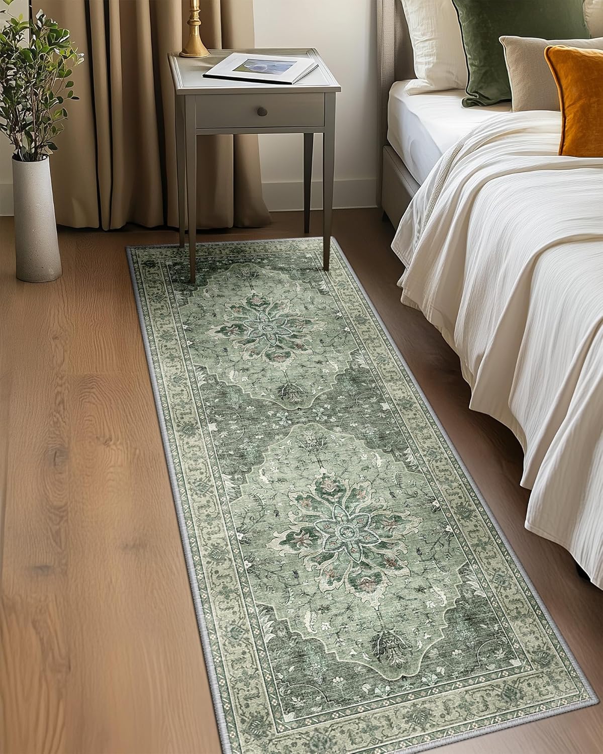 Area Rugs 2'x6' Washable Non-Slip, Floral Vintage Distress Print Pattern Medallion Carpet for Living Room Bedroom Dining Room, Dark Green Gray