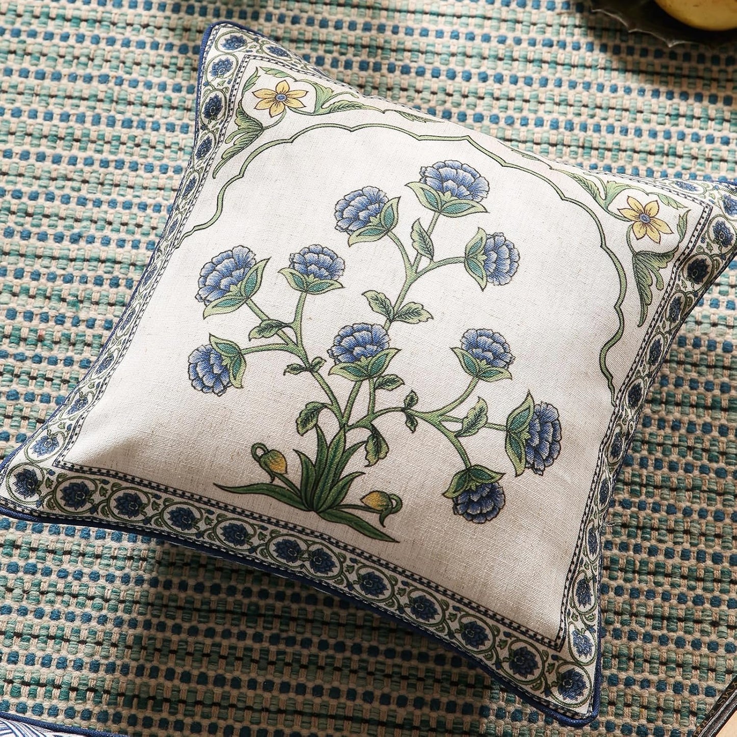 patdrea Designer Throw Pillow Covers Set of 2,Blue Euro Elegant Linen with Blooming Floral Pattern Pillow Cover,Decorative Square Pillowcases Cushion for Bed Living Room Outdoor Car,18"x18"