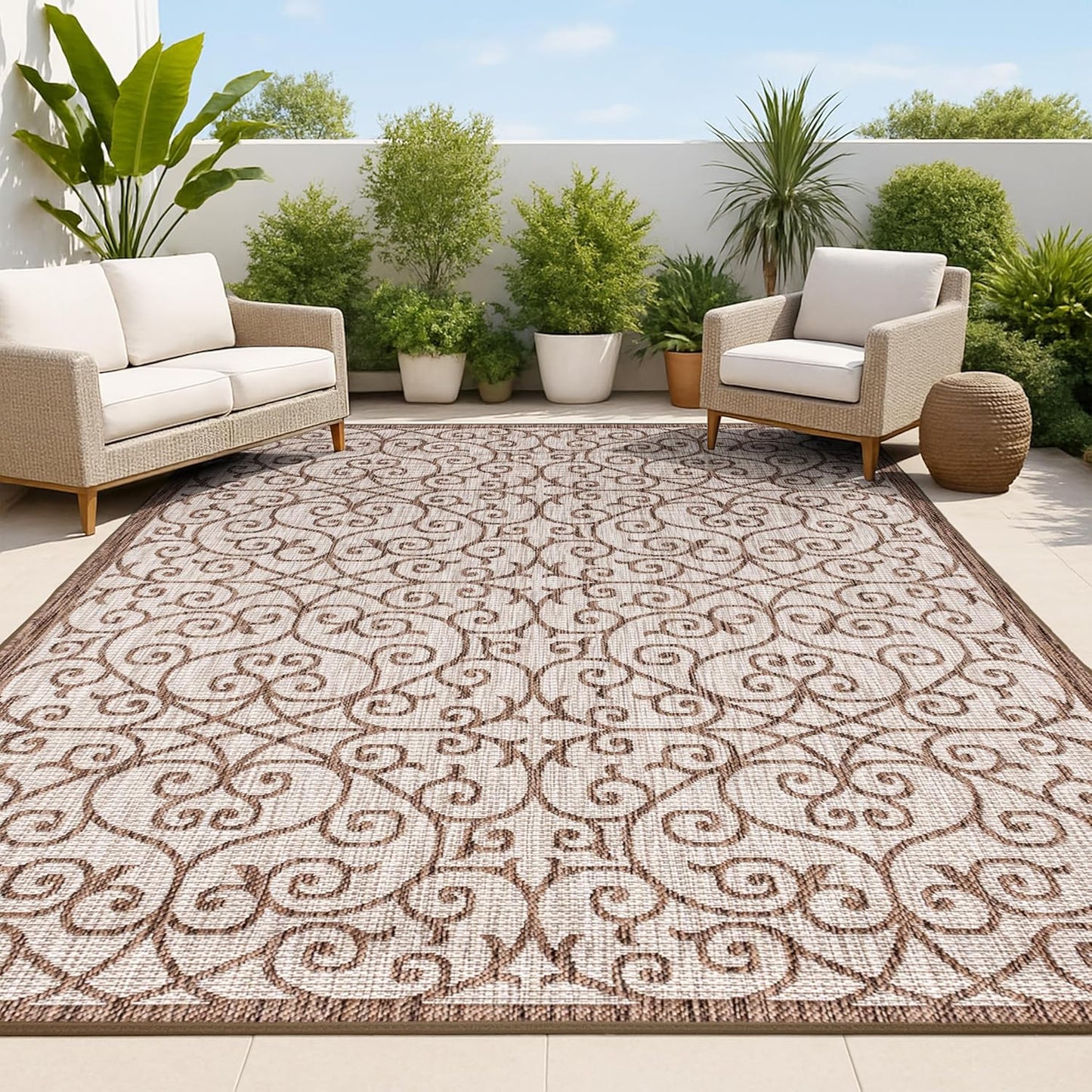 JONATHAN Y Vintage Filigree Indoor Outdoor Area Rug 5X8 Taupe/Espresso, Madrid Textured Weave for Backyard, Patio, Porch, Easy-Cleaning, High Traffic, Pet-Friendly, Non-Shedding (SMB107C-5)