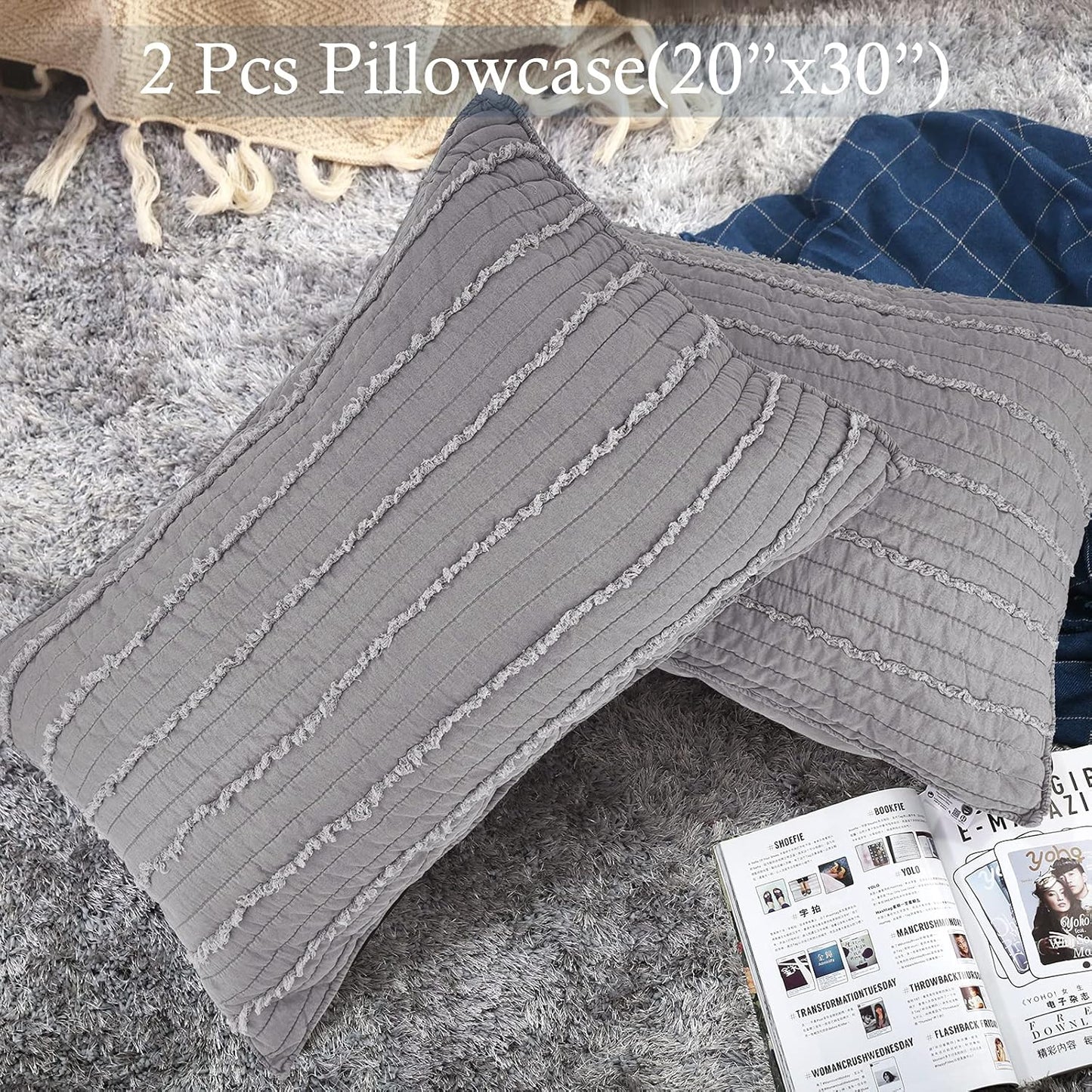 BOSOWOS Queen Size Pillow Shams Set of 2, Ultra Soft Breathable 20 x 30 Inches Pillow Case Envelope Closure, Microfiber Farmhouse Bed Pillowcases for Easy Care, Grey