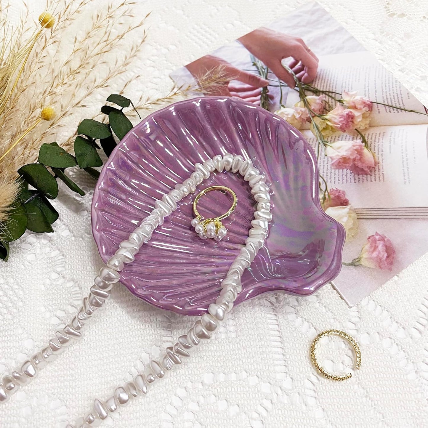 Shell Jewelry Ring Holder Dish, Cute Room Decor Seashell Jewelry Dish Tray, Small Ceramic Jewelry Plate Bowl, Engagement Ring Dish Trinket Dish, Wedding Jewelry Tray, 3.9", Purple Iridescent Surface