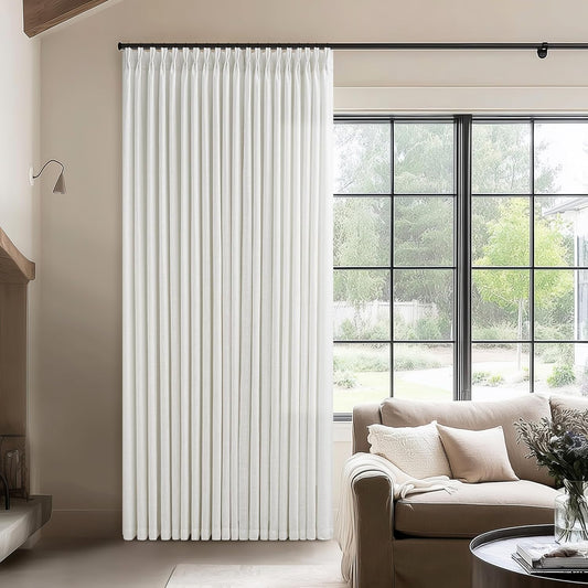 70x96 Pinch Pleated Extra Wide Curtain Panels 96 Inches Long 70 Wide Linen Curtain for Patio Sliding Glass Door Semi Sheer Beige White Hooks Rings Privacy 96 Inch Length for Living Room 1 Panel