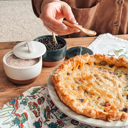 Mora Ceramic Salt and Pepper Cellar Set with Lid - 10 oz Modern Canister/Container/Bowl for Storage, Sea Salt, Spice, Sugar, Countertop - Small Dish/Jar with Wood Spoon, Black & White Crock