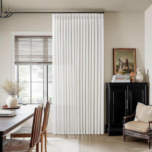 Pinch Pleated Extra Wide Linen Curtains 108 Inches Long for Patio Sliding Glass Door Beige White 100 Inch Wide Pleated Drapes with Hooks Rings Neutral Semi Sheer 100x108 Curtain for Living Room