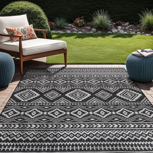 Beverly Rug Waikiki Boho Indoor Outdoor Rug 9x12, Washable Outside Carpet for Patio, Deck, Porch, Bohemian Area Rug, Farmhouse Rugs, Aztec Tribal Rug, Black and White