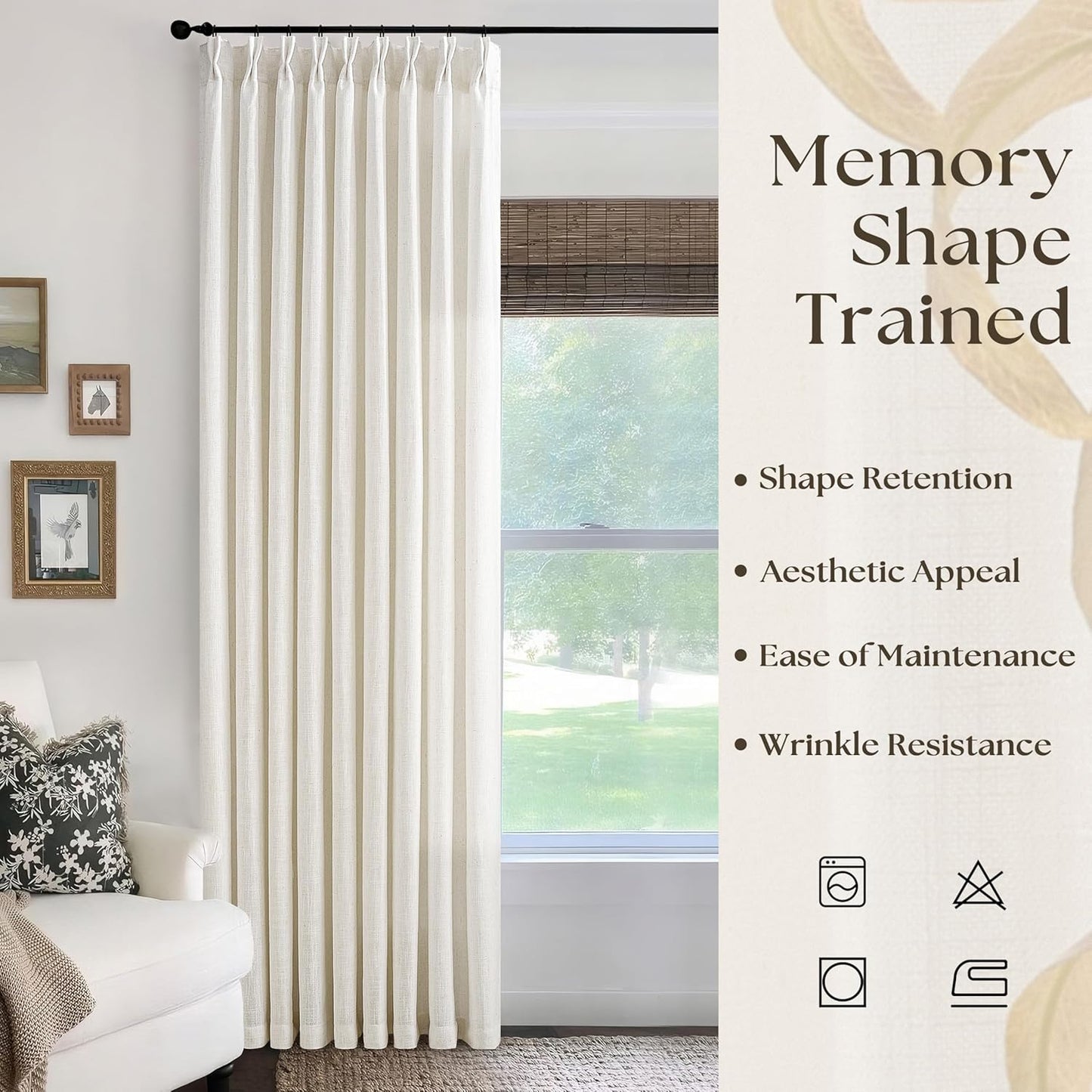 Natural Pinch Pleated Extra Wide Linen Curtains 84 Inches Long for Patio Sliding Glass Door 60 Inch Wide Pleated Drapes for Living Room with Hooks Rings Neutral Cream Semi Sheer 60x84 Curtain 1 Panel