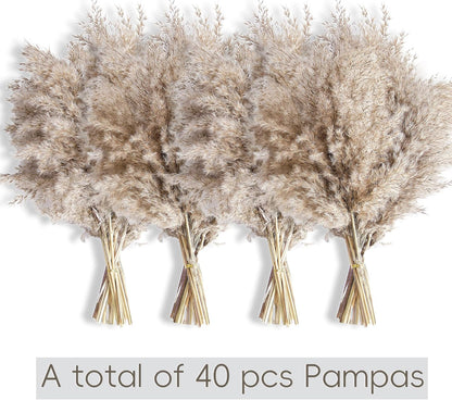 40 PCS Nature Pampas Grass Bouquet Decor - Boho Flowers and Feathers for Centerpieces, Perfect for Floor Vase Fillers, Home Decor, Living Room, and Wedding Decor