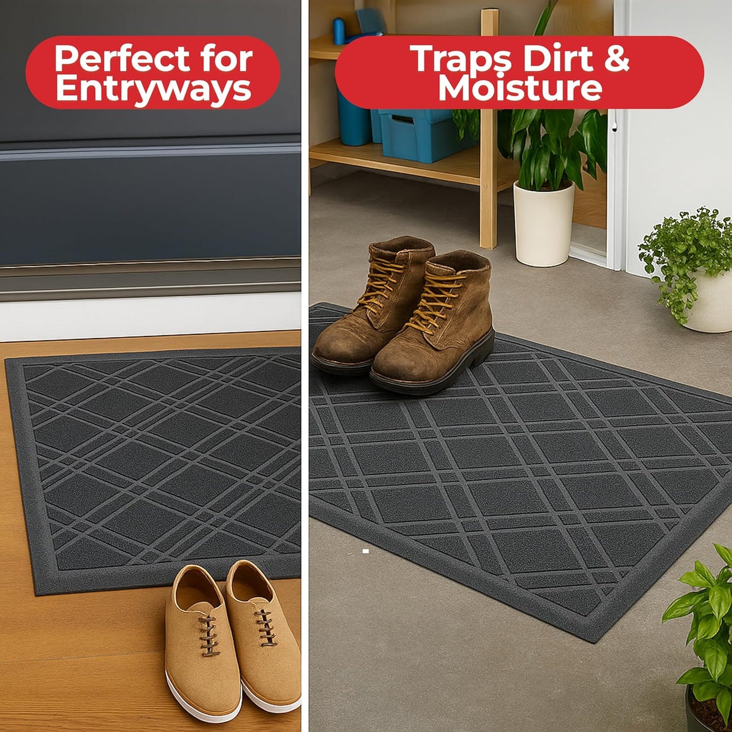 SlipToGrip Universal Door Mat, Plaid Design - Grey, 42 x 5 - No Slip, Durable and Washable, Outdoor and Indoor Floor Welcome Mat Entry - Front Door, Dust Absorbent, 2pk